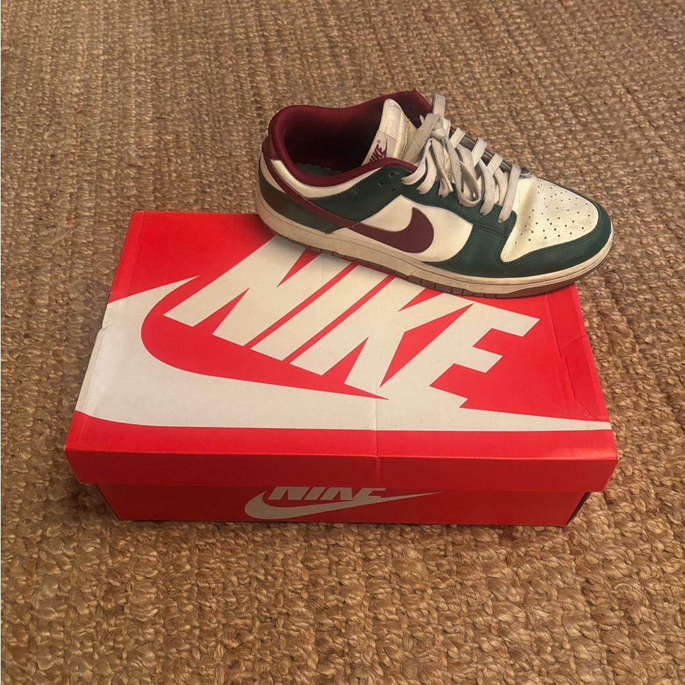 Nike Dunk Low in Green, White, and Burgundy